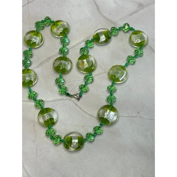 Artisan Designed Green Glass Beaded Silver Metallic Art Glass Necklace 18" - Picture 5 of 7